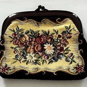 Vintage Tapestry Clutch Purse Handbag Lucite Handles Black & Floral Design